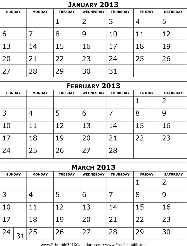 2013 Calendar Three Months Per Page