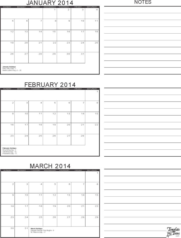 2014 Calendar Three Months Per Page 1