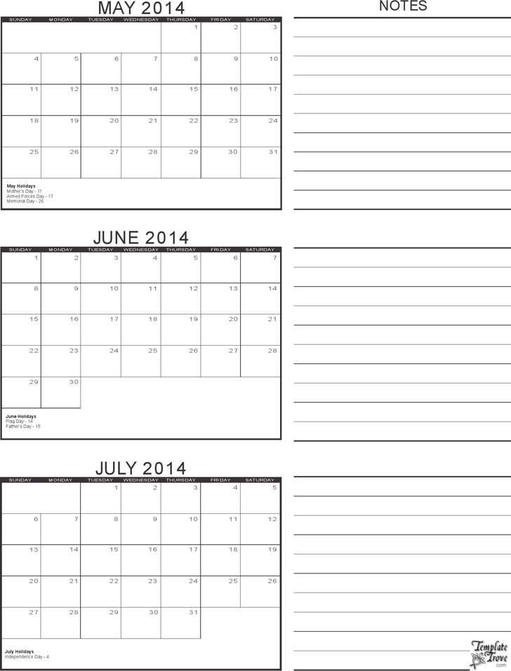 2014 Calendar Three Months Per Page 2