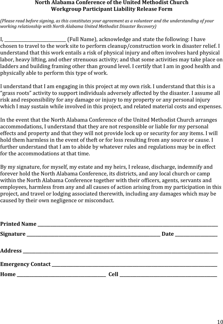 Alabama Participant Liability Release Form