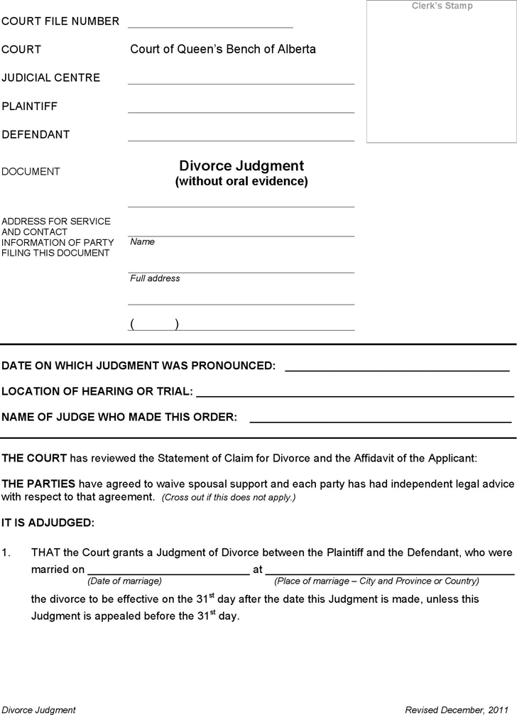 Alberta Divorce Judgment and Affidavit of Execution (without Children) Form