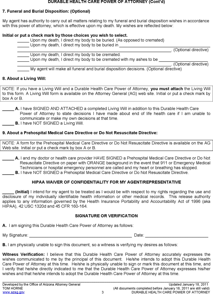 Arizona Health Care Power of Attorney Form Page 3