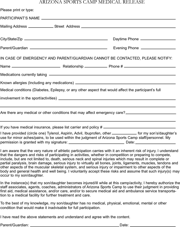 Arizona Sports Camp Medical Release Form