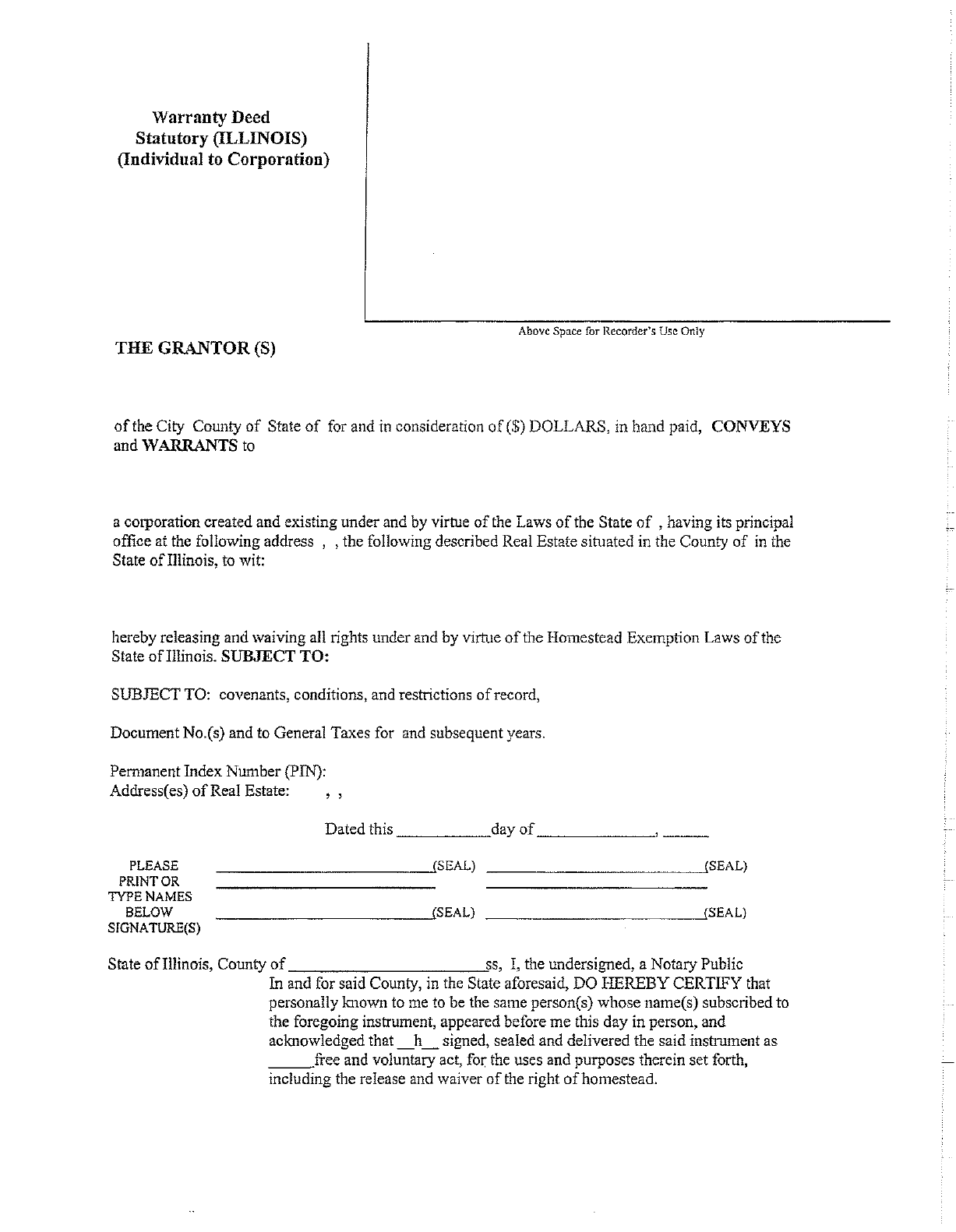 Illinois Warranty Deed Statutory (Individual to Corporation)