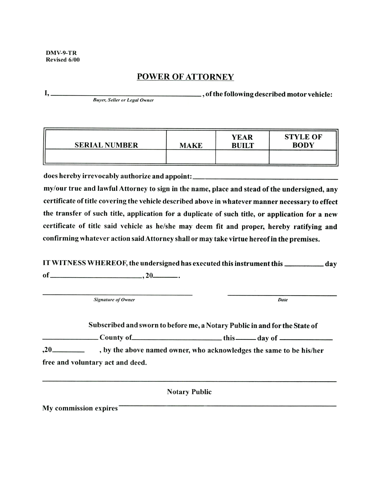West Virginia Motor Vehicle Power of Attorney Form