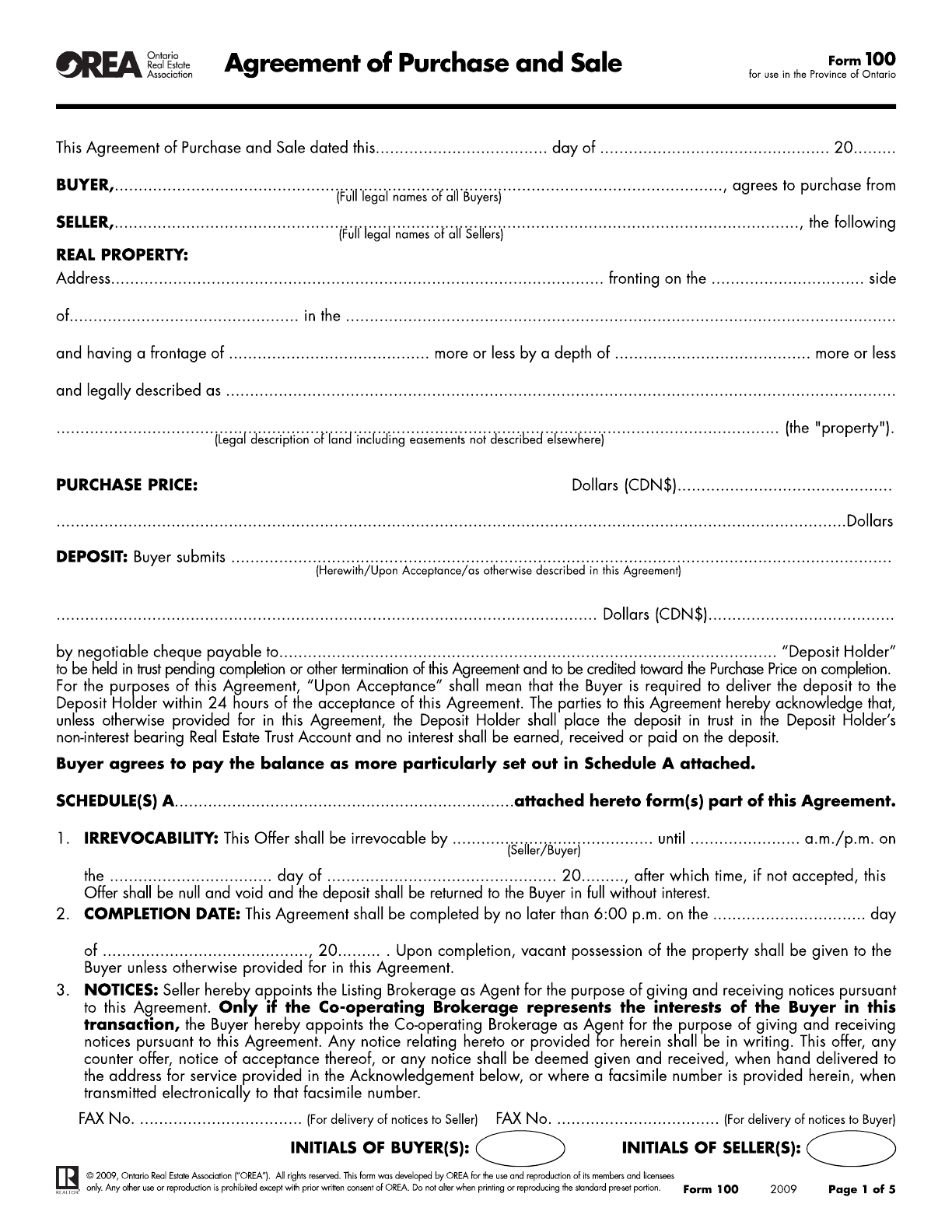 Ontario Agreement of Purchase and Sale Form