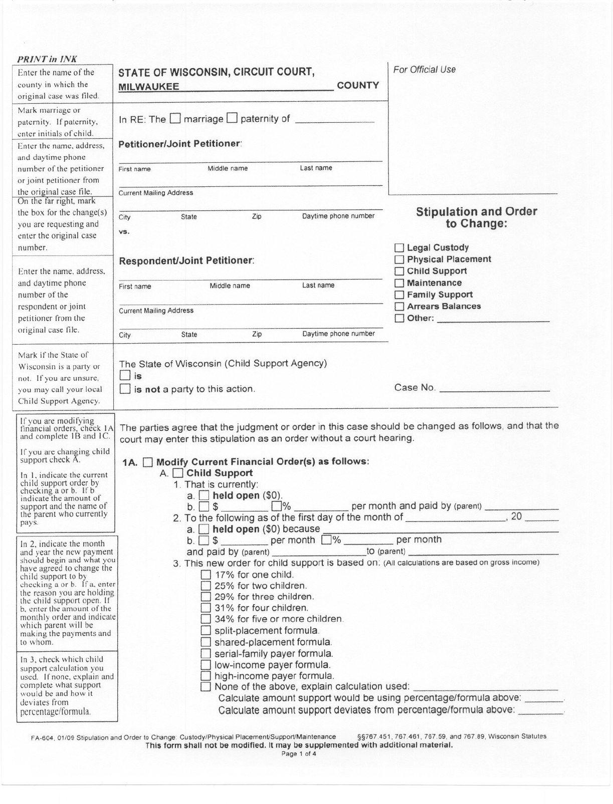 Wisconsin Child Custody Form