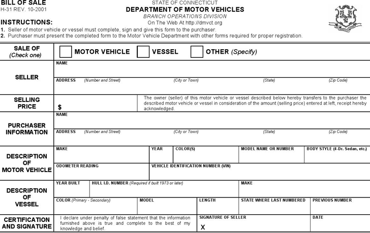 Bill of Sale Department of Motor Vehicles