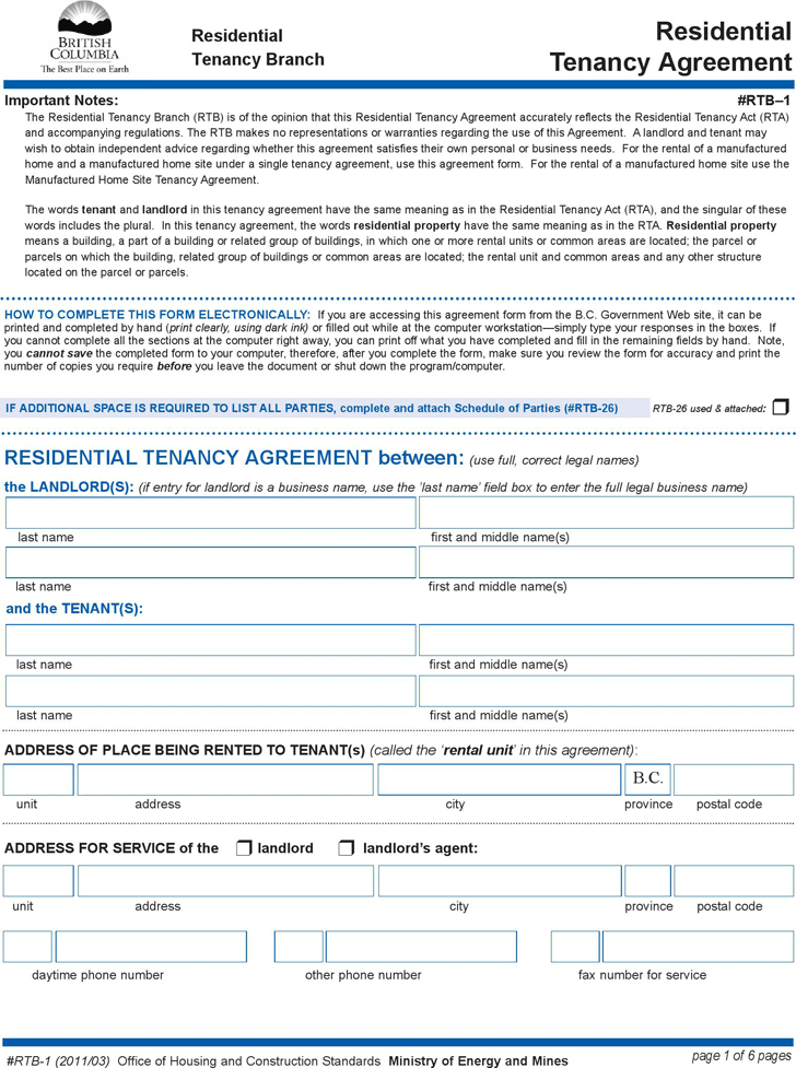 British Columbia Residential Tenancy Agreement Form