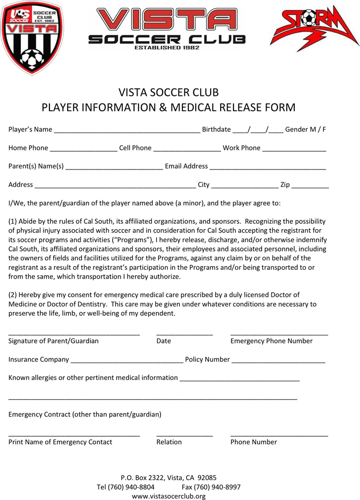 California Player Medical Release Form