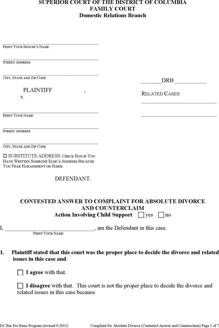District of Columbia Contested Answer to Complaint for Absolute Divorce and Counterclaim Form