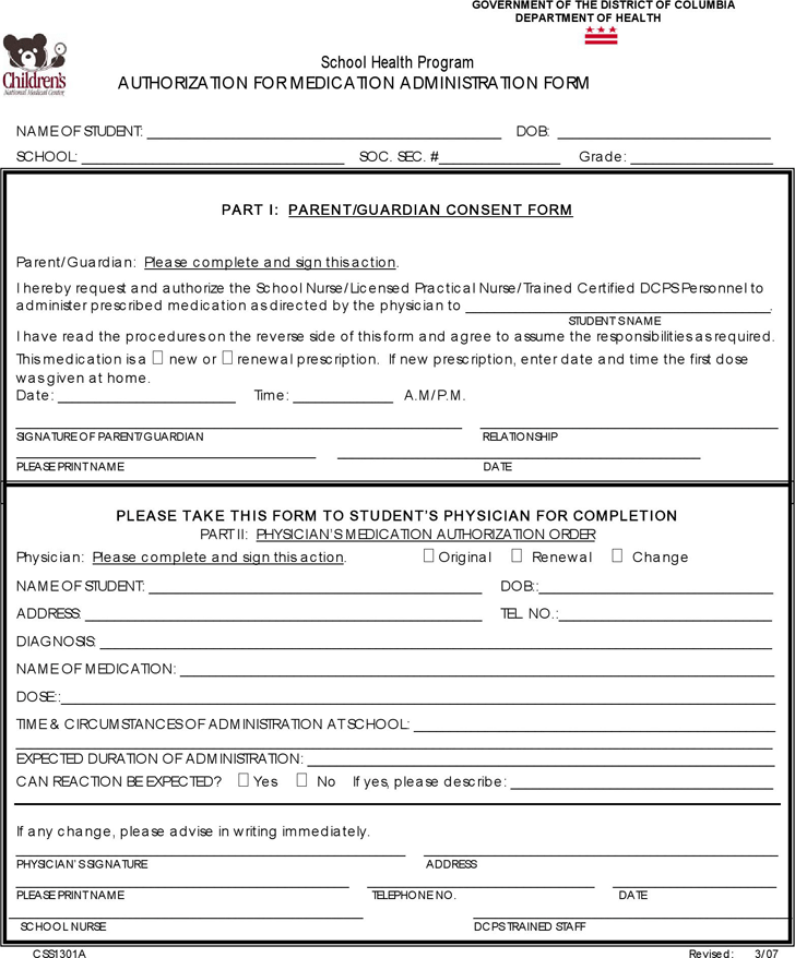 District of Columbia Medication and Treatment Authorization Form