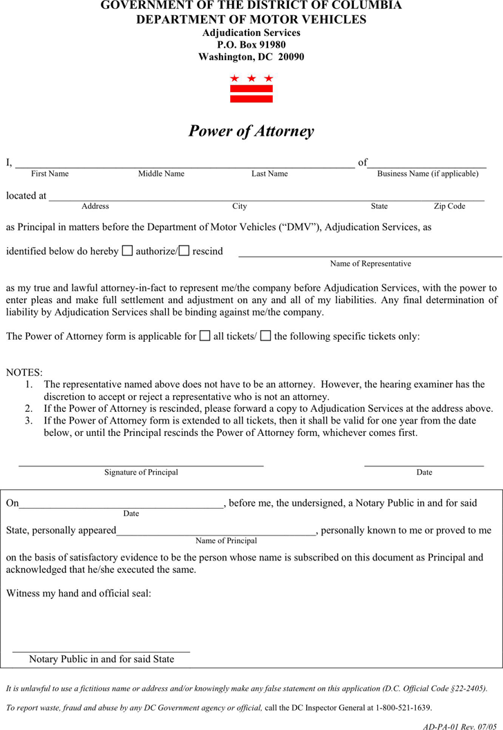 District of Columbia Motor Vehicle Power of Attorney Form