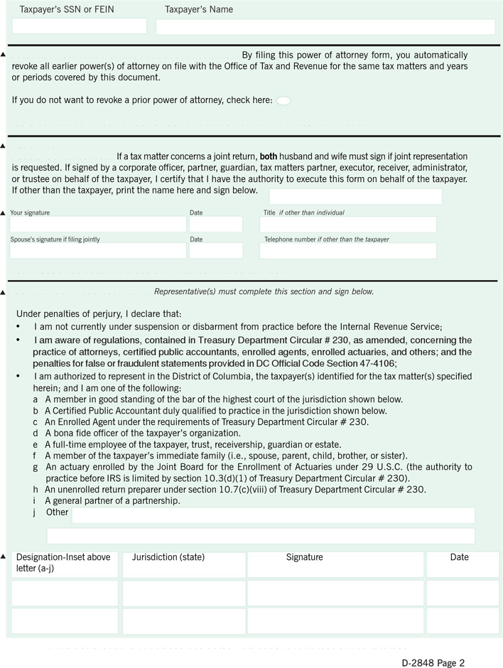 District of Columbia Tax Power of Attorney Form 1 Page 2