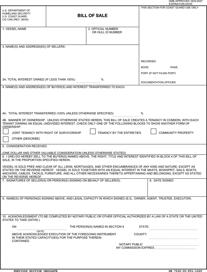 District of Columbia Vessel Bill of Sale Form