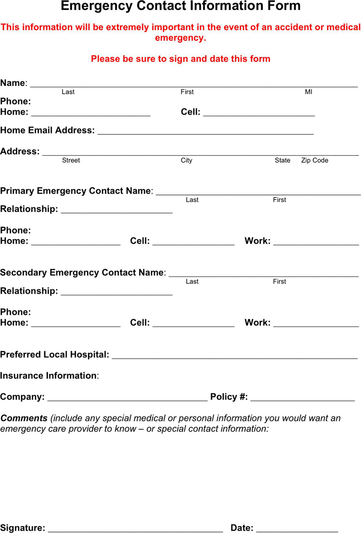 Free Emergency Contact Form PDF 18KB 1 Page(s)