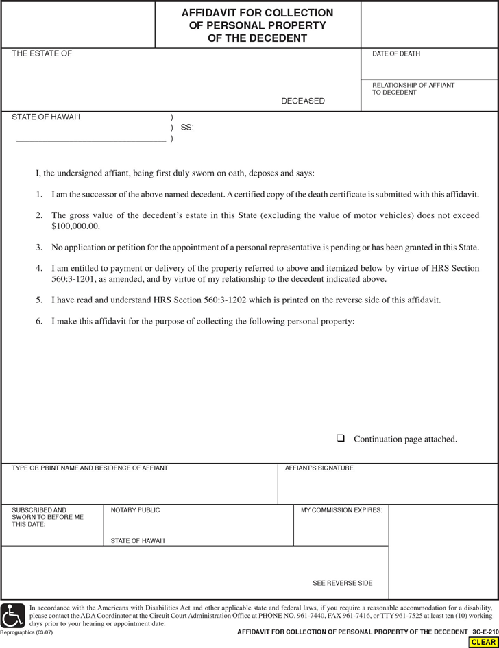 Hawaii Affidavit for Collection of Personal Property of the Decedent Form