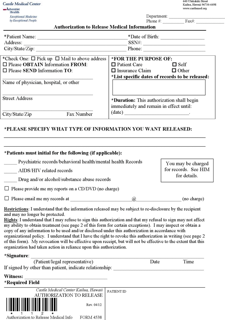 Hawaii Authorization to Release Medical Information Form