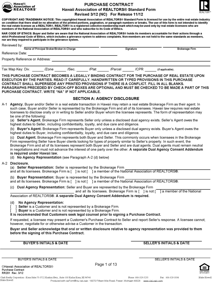 Hawaii Purchase Contract Form