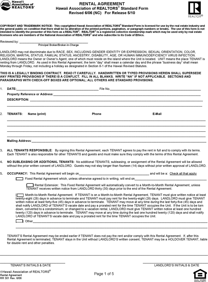 Hawaii Residential Lease Agreement Form
