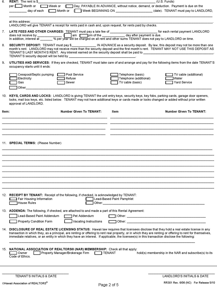 Hawaii Residential Lease Agreement Form Page 2