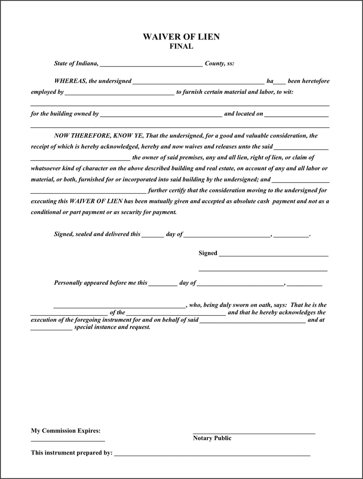 Indiana Final Waiver of Lien