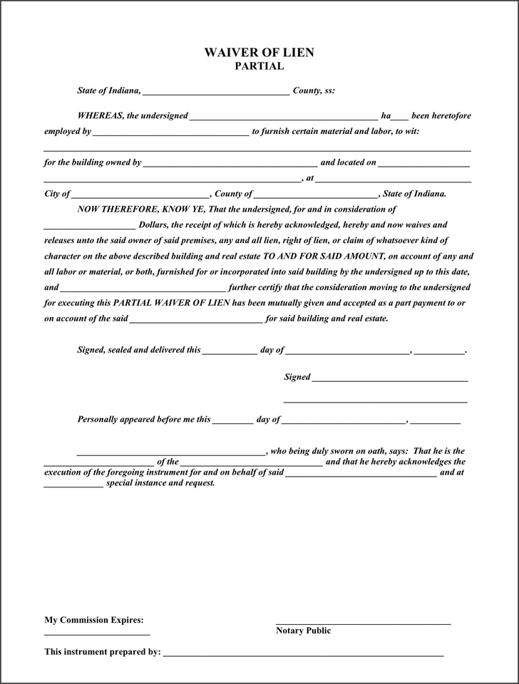 Indiana Partial Waiver of Lien