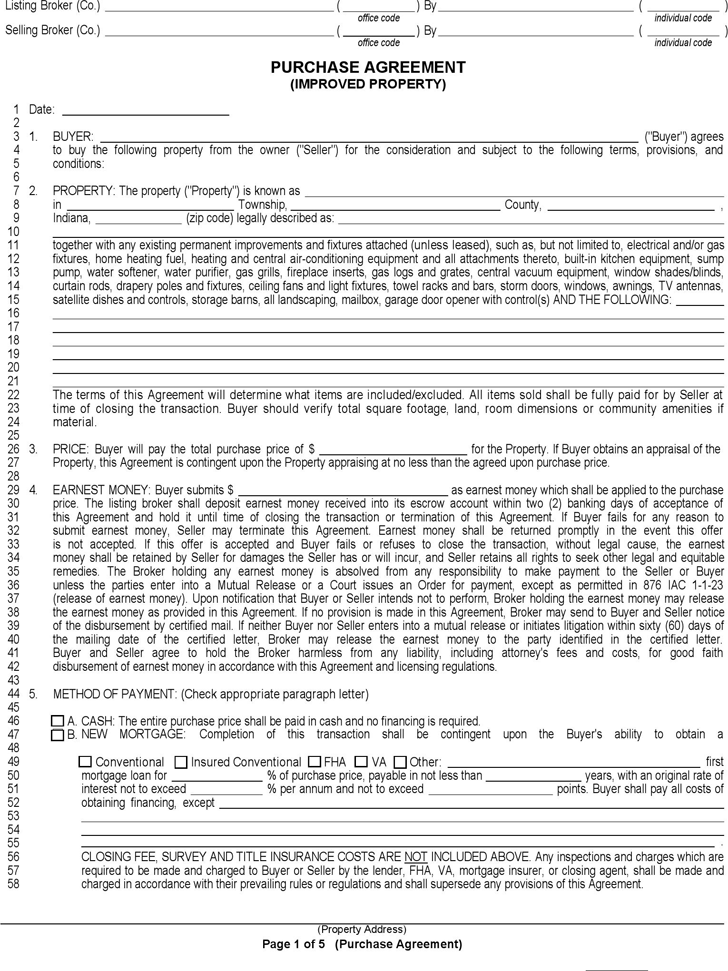 Indiana Purchase Agreement (Improved Property) Form