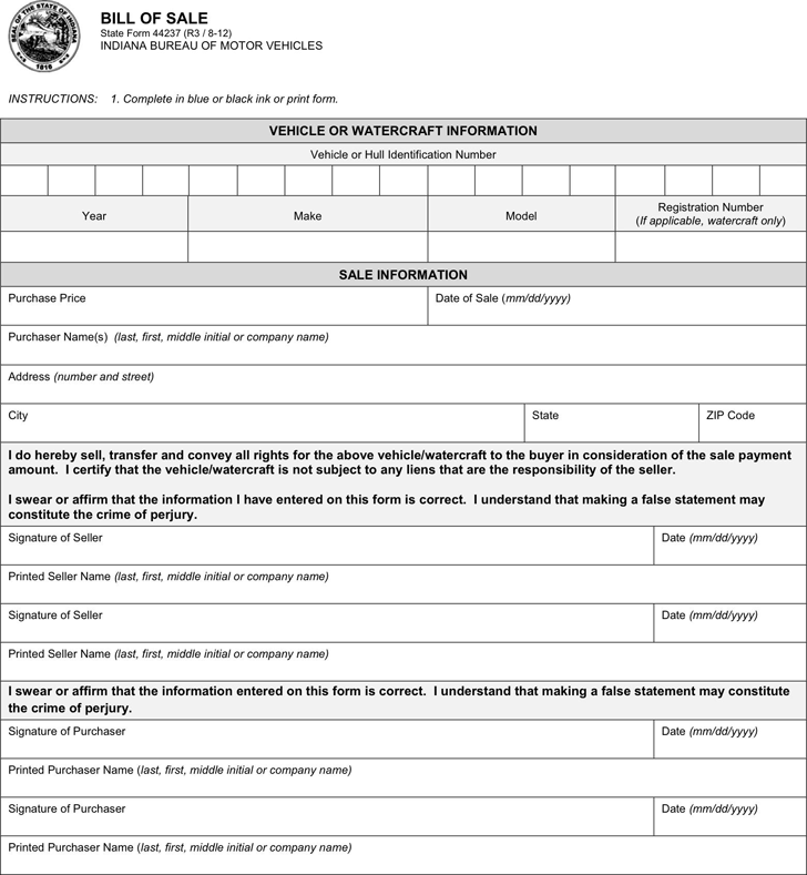 Indiana Vehicle Bill of Sale Form