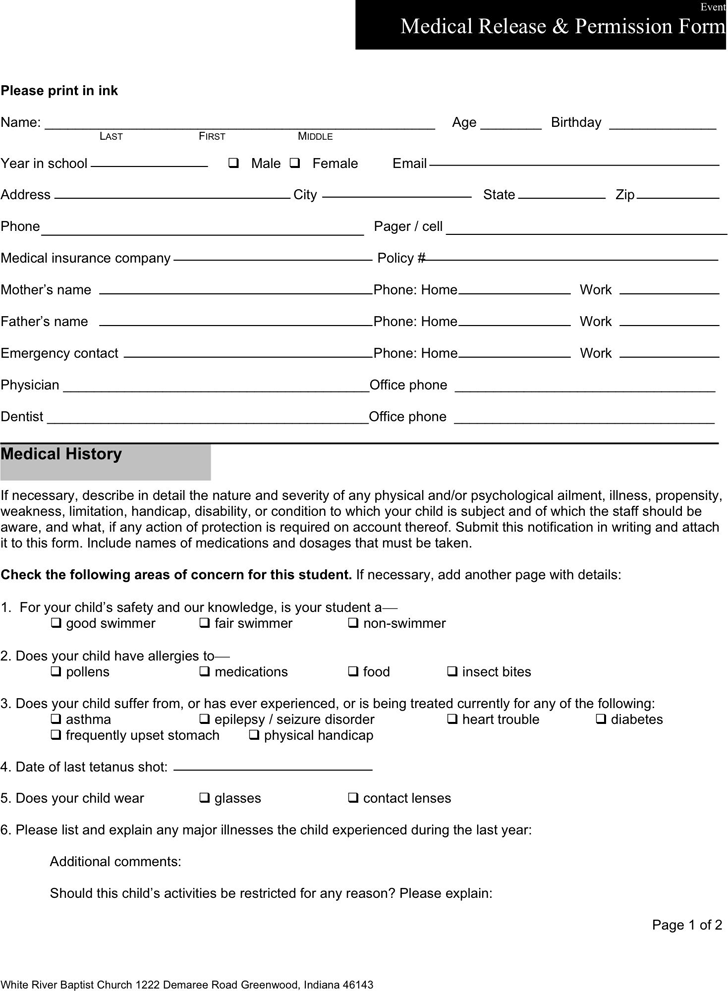 Indiana Youth Medical Release Form
