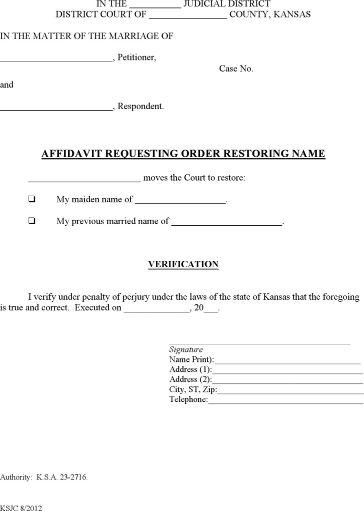 Kansas Affidavit and Order Restoring Name Form