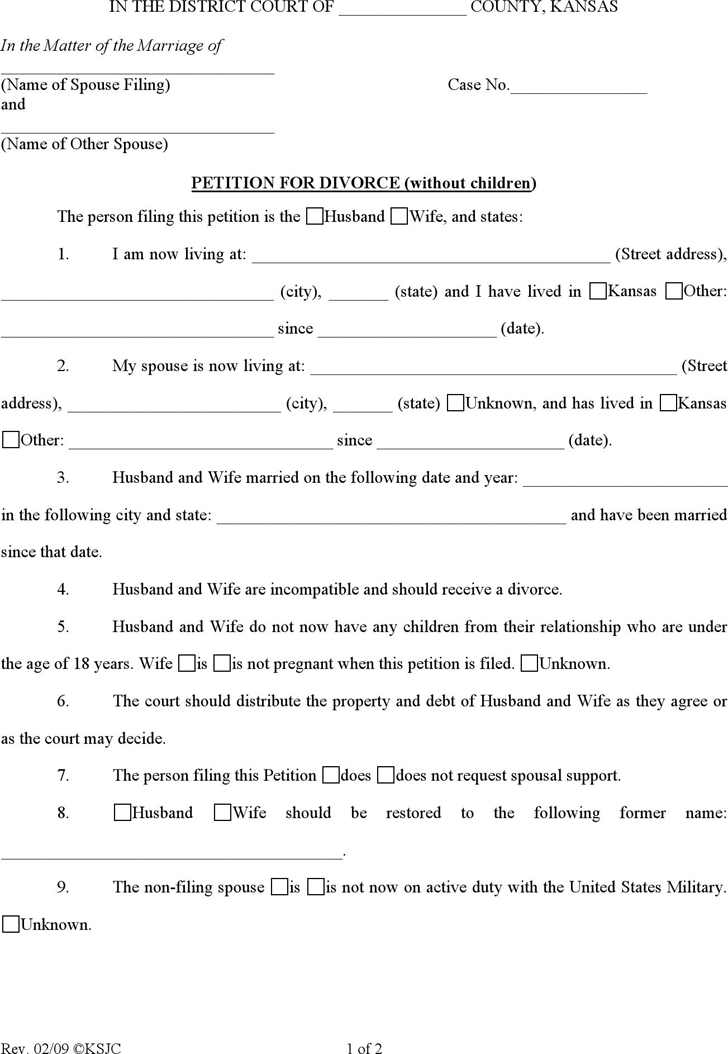Kansas Petition for Divorce (without Children) Form