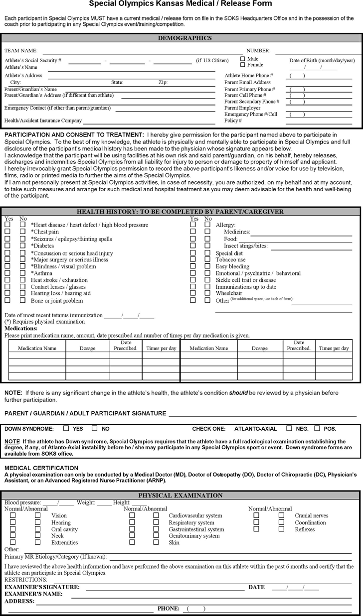 Kansas Special Olympics Medical / Release Form