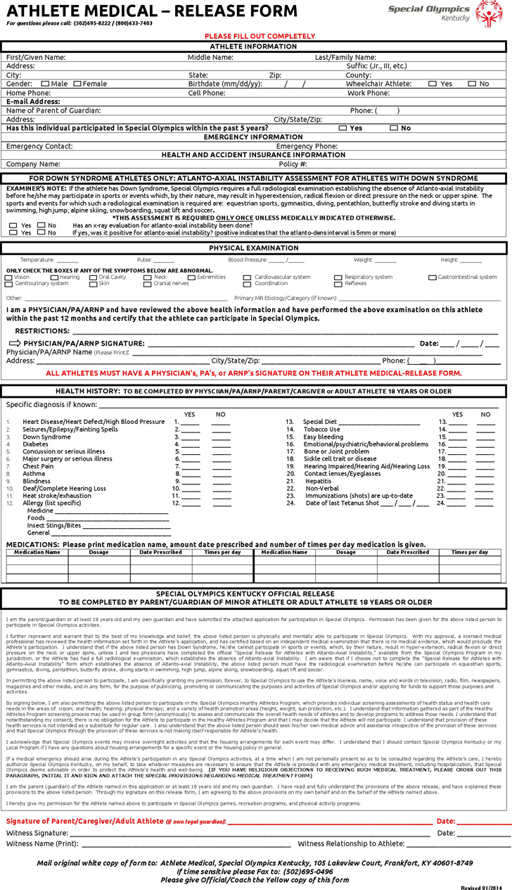 Kentucky Athlete Medical - Release Form