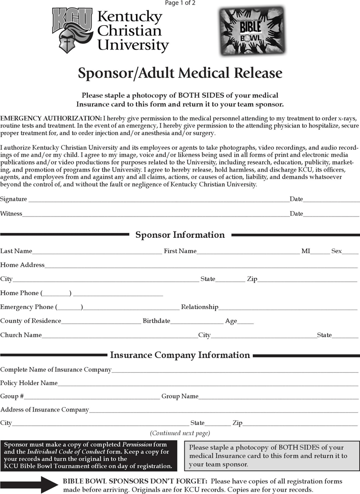 Kentucky Sponsor/Adult Medical Release Form