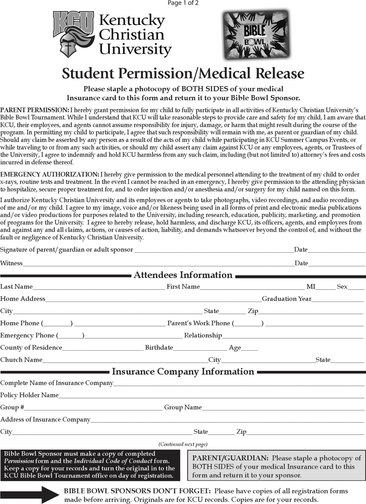 Kentucky Student Permission/Medical Release Form