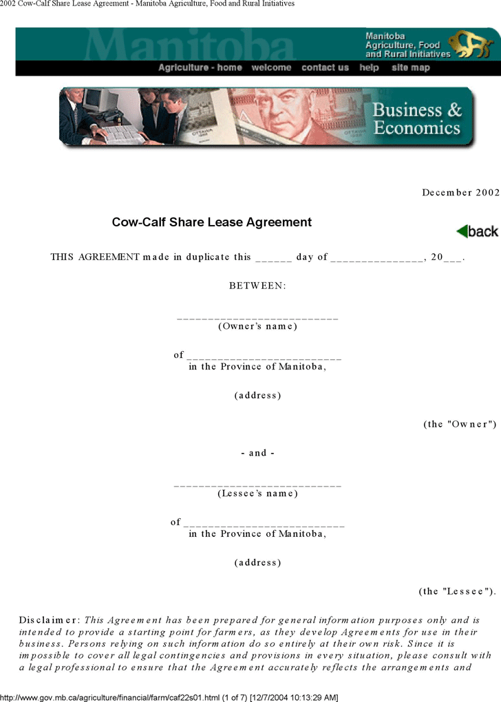 Manitoba Cow-Calf Share Lease Agreement Form