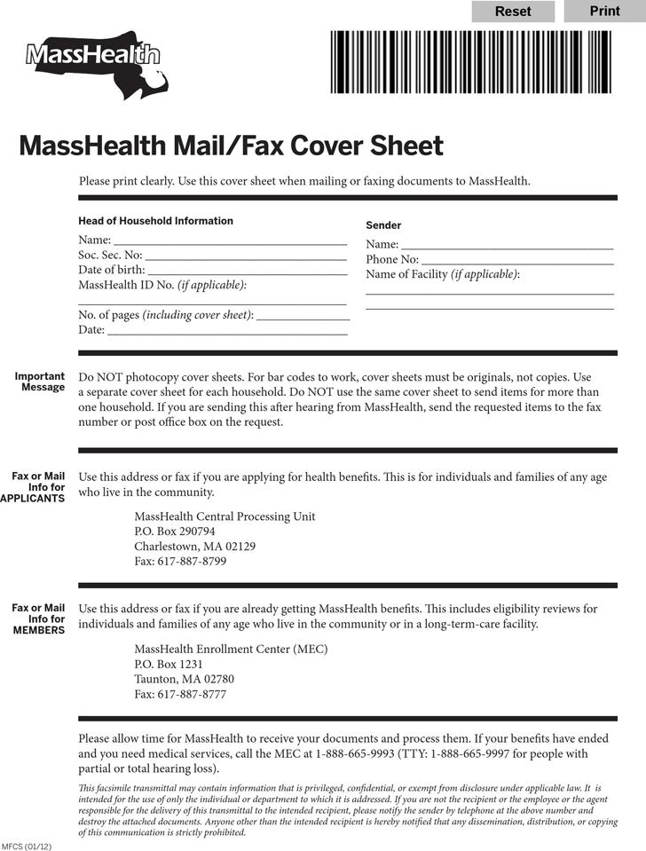 Masshealth Mail/Fax Cover Sheet