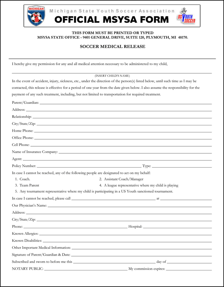 Michigan Soccer Medical Release Form