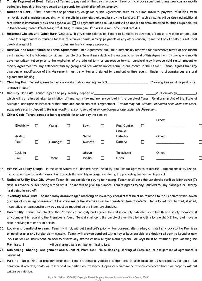 Michigan Standard Lease Agreement Form Page 2