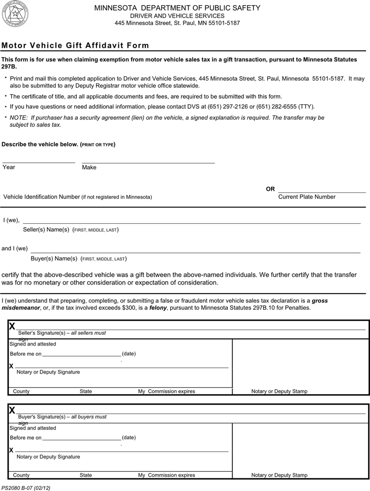 Minnesota Motor Vehicle Gift Affidavit Form