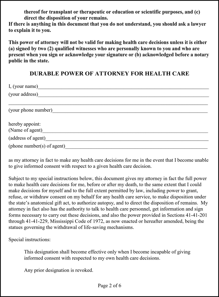 Mississippi Durable Power of Attorney for Health Care Form Page 2