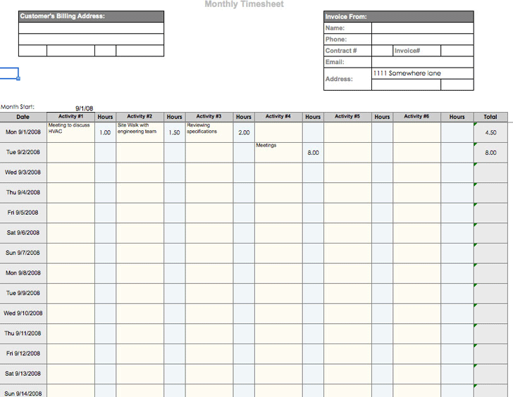 Monthly Timesheet Template and Mileage