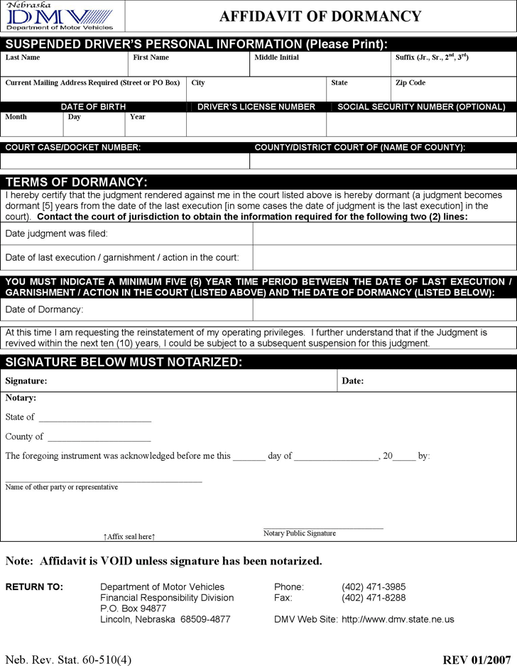 Nebraska Affidavit of Dormancy Form