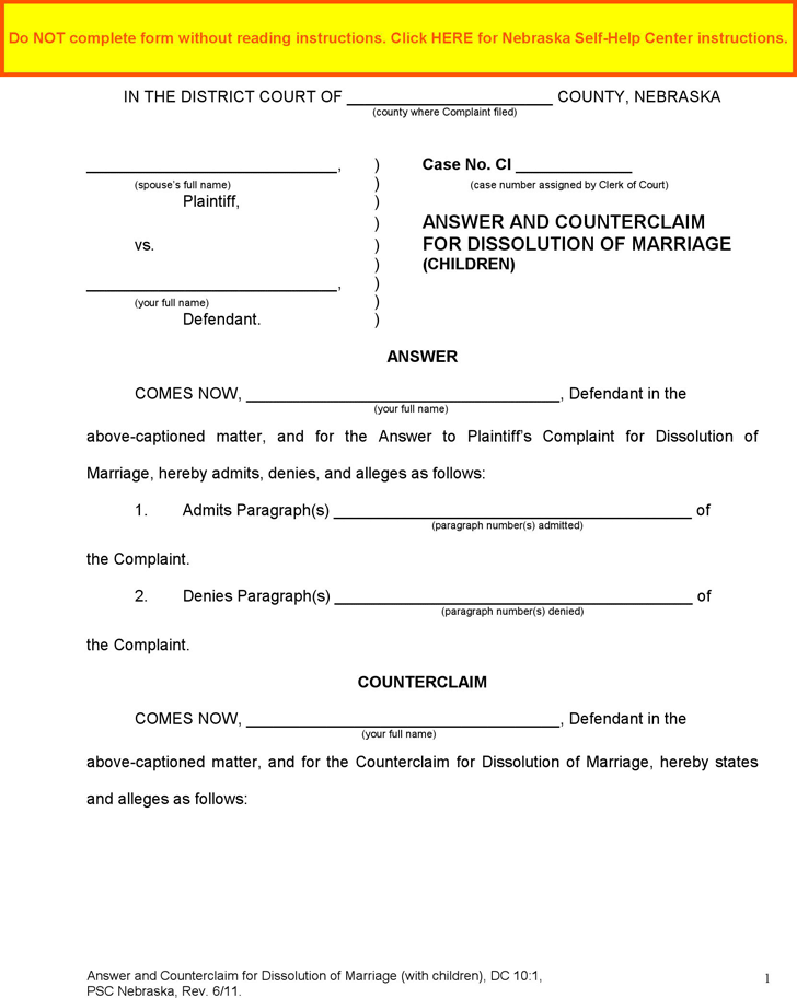 Nebraska Answer and Counterclaim for Dissolution of Marriage (Children) Form