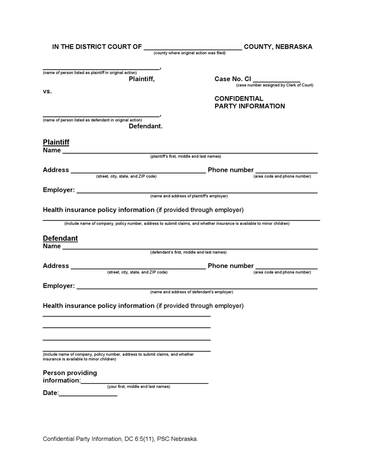 Nebraska Confidential Party Information Form