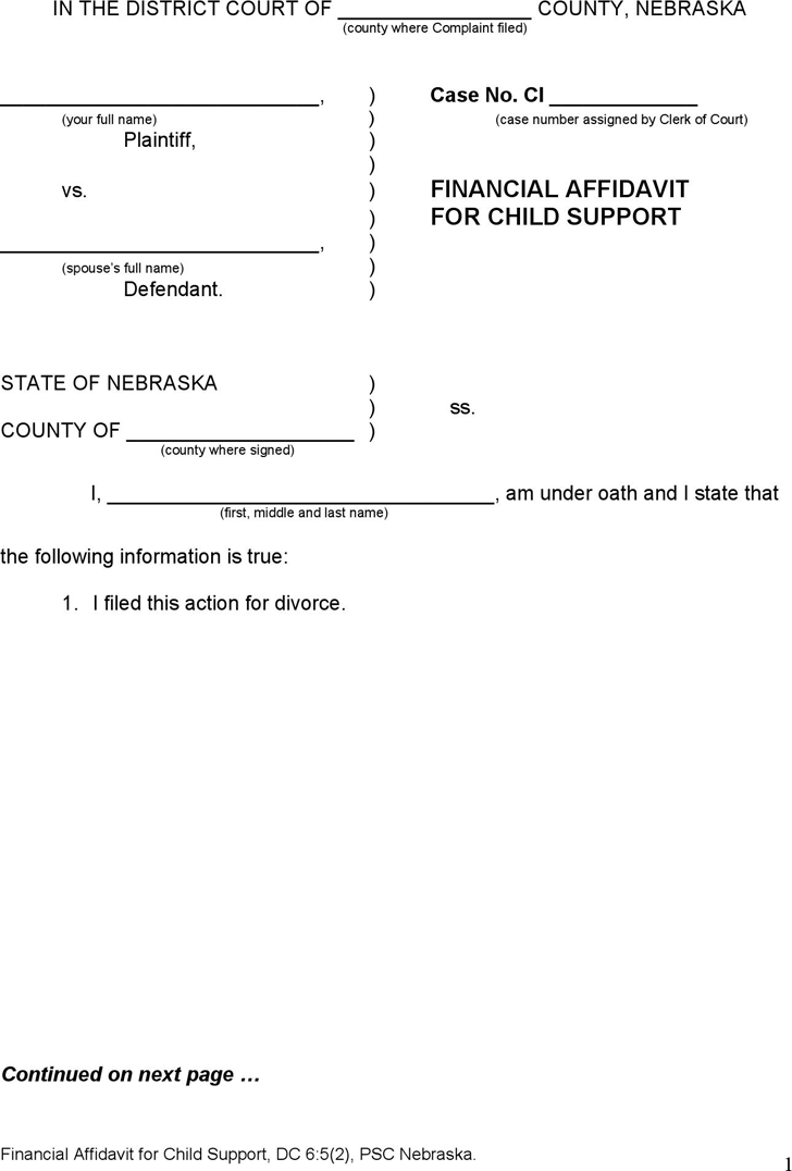 Nebraska Financial Affidavit for Child Support Form
