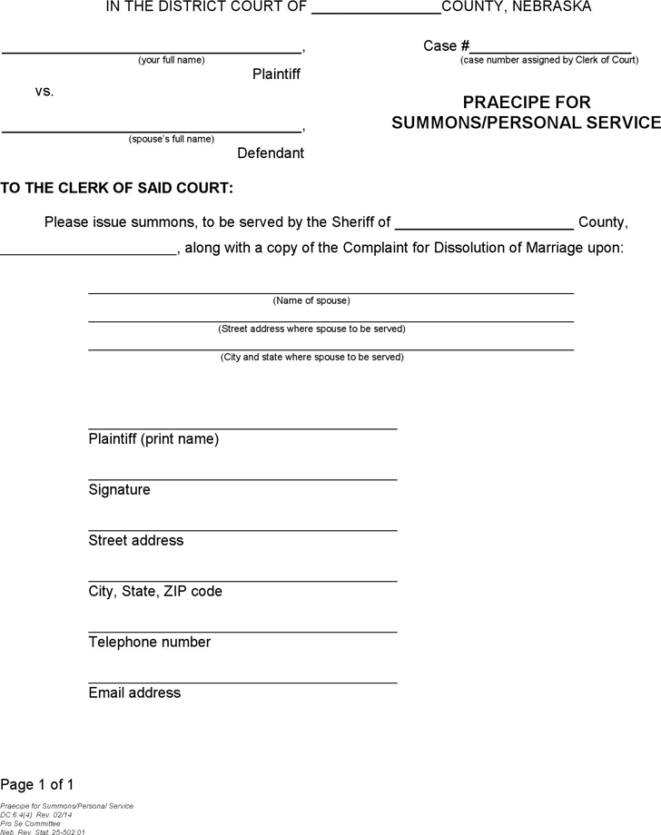 Nebraska Praecipe for Summons/Personal Service Form