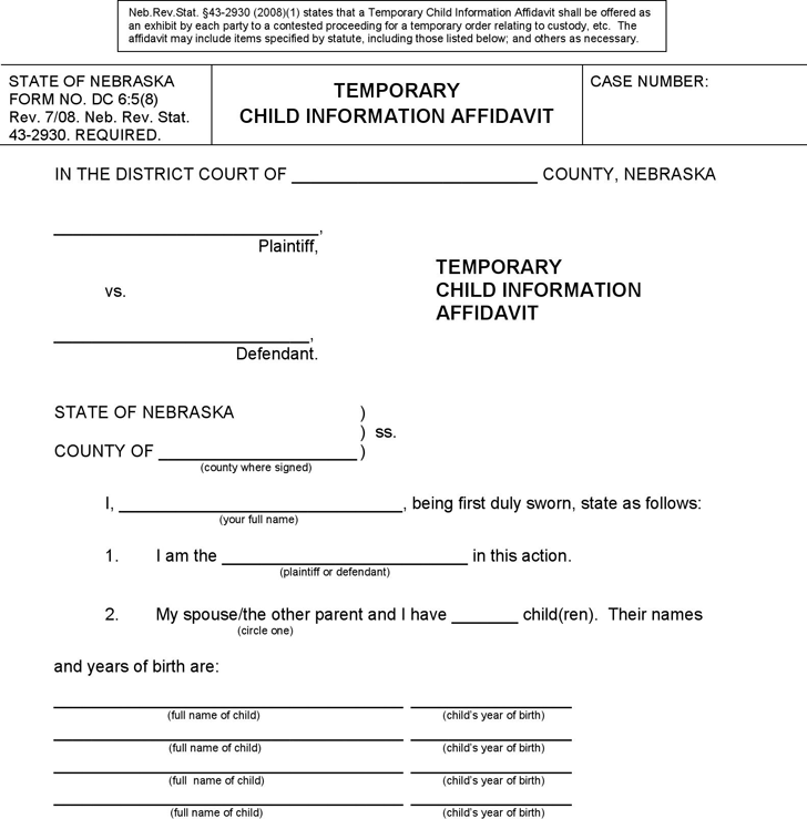 Nebraska Temporary Child Information Affidavit Form