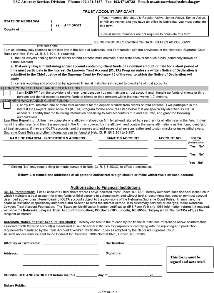 Nebraska Trust Account Affidavit Form
